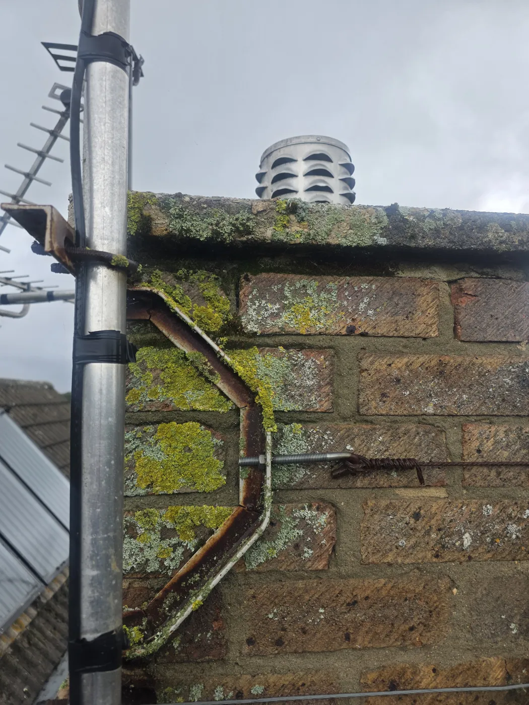 Chimney condition before remedial work by Cole Roofing: a lichen-covered stack with a TV aerial strapped to it.