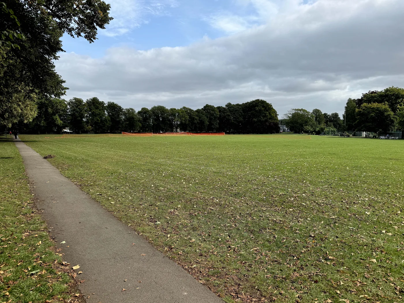 The Leys recreation ground in Witney, a wide mown field edged with trees under a cloudy sky